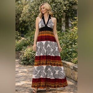 JFW Halter Maxi Dress Boho Paisley Summer Dress Multicolor Red Orange Black XL
